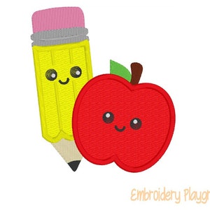 Pencil And Apple Applique - Embroidery Designs - Machine Embroidery - Back to School - Child&#39;s Shirt Design