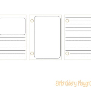 May include: Three white paper pages with a lined design and a rectangular shape, a blank rectangular shape, and a blank rectangular shape with a lined design. Each page has two beige-colored ring holes. The text "Embroidery Playground" is at the bottom.