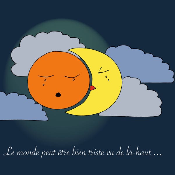 Affiche poster illustration "La lune et le soleil" #nuit #lune #soleil #nuages #décoration murale #chambre enfant