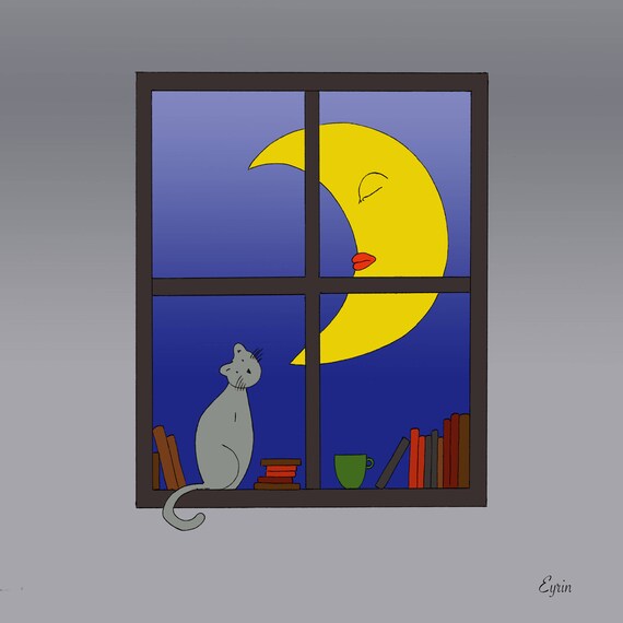 Poster Poster Illustration Dreamy Cat Chat Cat Lune Fenêtre Dessin Décoration Child