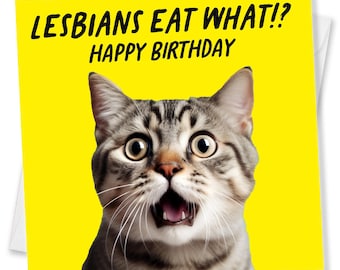 Funny Lesbian Birthday Card: Shocked Cat LGBTQ Greeting