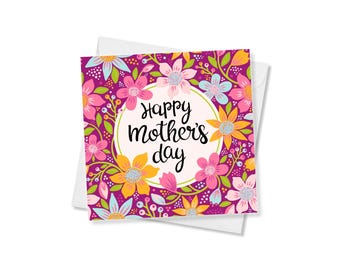 Happy Mothers Day Card, Bright Floral Design, From Son or Daughter, Made in UK