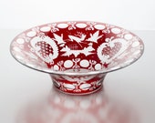 Vintage Bohemian Crystal Dish Egermann Ruby Red Cut to Clear Engraved Crystal Glass Hand Decorated