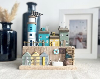 Wooden Seaside Scene With Lighthouse and Beach Huts - Wooden street scene - Real Wood Nautical House Scene - Home Decor
