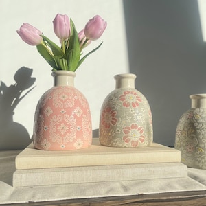 Pastel Pink and Grey Floral Bud Vase - Large Bud Vases - Patterned Decorative Vase - Home Decor - Flower Vase