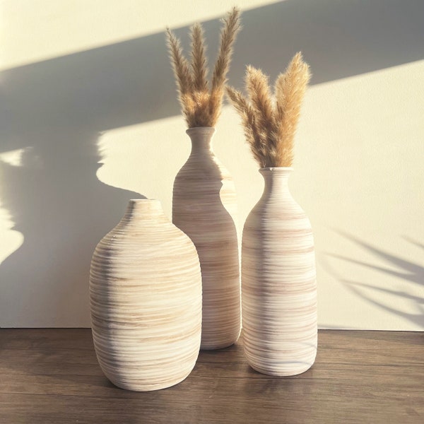 Neutral Rustic Stoneware Vase - Tall Ceramic Bottle Vase - White Rustic Ribbed Vase's - Small | Large Flower Vase - Home Decor