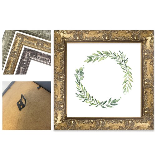 Photo Picture Frame Antique Rustic Wood Effect with Brass Filigree Corners. 