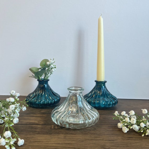 Coloured Glass Candle Holder / Bud Vase - Blue | Clear Candle stick holder - Home Decor - Table Decor - Vintage Style