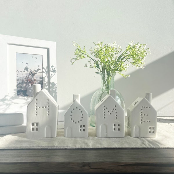 Light Up Ceramic House Set - LED Home Set of 4 Houses - White Ceramic Home Decor