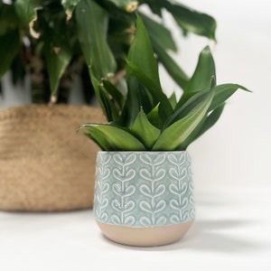 Blue Ceramic Glazed Plant Pot with leaf design - Rustic Blue Planter- Gift for garden lovers - Gardening Gift - Textured plant pot