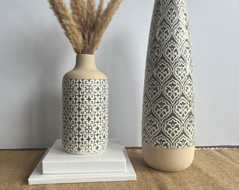 Grey or Blue Embossed Patterned Vase Bottle Vase For Dried Flowers - Home Decor - Ceramic Vase With White Detail