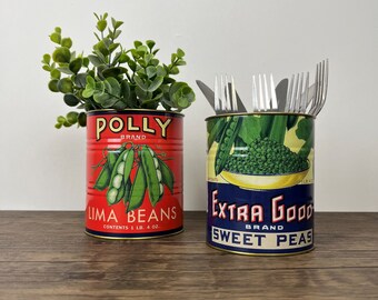 Retro Style Pea Tins - Metal Lima Beans Tin - Extra Good Sweet Peas Decorative Tin - Set of two retro tins - Herb Pot - Kitchen Decor