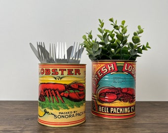 Retro Style Lobster Tins - Metal Fresh Lobster Tin - Shell Fish Decorative Tin - Set of two retro tins - Herb Pot - Kitchen Decor