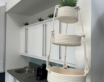 White Rope three tired hanging basket - Triple Hanging Baskets - Wall Hanging Basket For Kitchen - Hanging Baskets for Bathroom - Home Decor