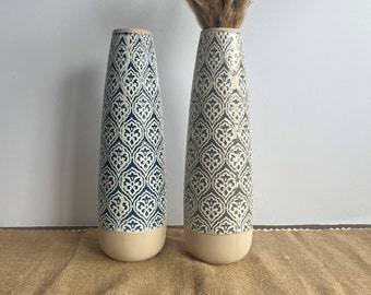 Tall Grey / Blue Embossed Pattern Vase - Large Vase For Dried Flowers - Home Decor - Ceramic Vase With White Detail