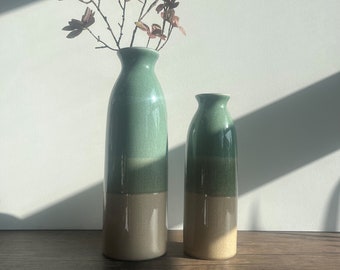 Green Crackled Two Tone Ceramic Vase - Tall Ceramic Bottle Vase - Small | Large Flower Vase - Home Decor