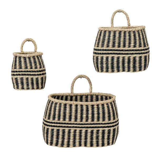 Black and Neutral Baskets Set of 3 - Large Seagrass Baskets - Seagrass Basket with Handles - Wicker Basket set - Floor baskets