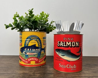 Retro Style Salmon Tins - Metal Pink Salmon Tin - Fish Decorative Tin - Set of two retro tins - Herb Pot - Kitchen Decor