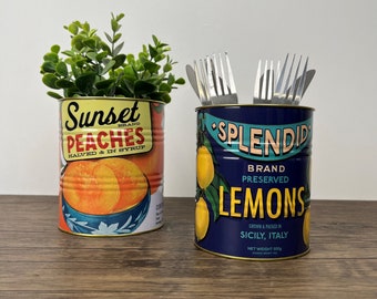 Retro Style Fruit Tins - Metal Peaches Tin - Scilly Lemons Decorative Tin - Set of two retro tins - Herb Pot - Kitchen Decor - Home Decor