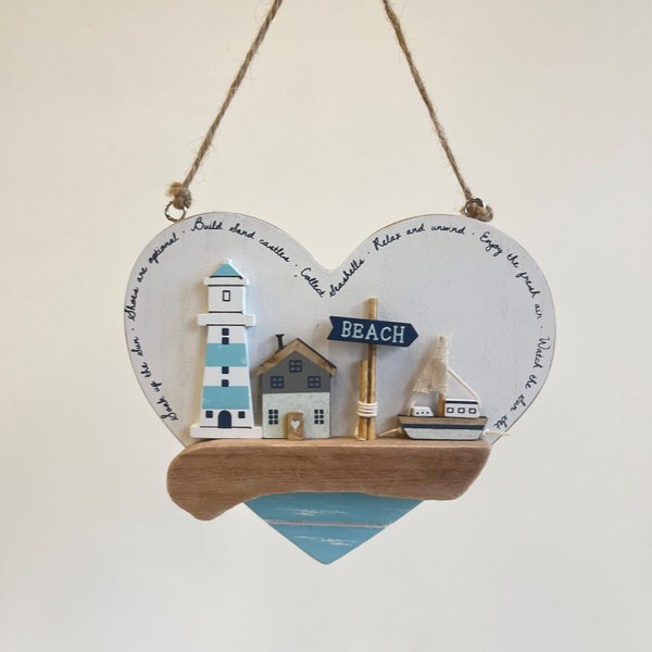 Wooden Seaside Heart Plaque - Rustic Hanging Wall Plaque - 3D Wooden Seaside Scene - Home Decor - Distressed Wood Beach Sign