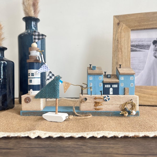 Wooden Beach Scene - Wooden Houses with Lighthouse - Real Wood Seaside village - Nautical Home Decor