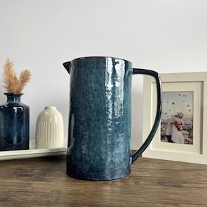 Navy Blue Mottled Jug Vase - Large Jug Shaped Vase - Ceramic Blue Vase with Handle - Home Decor - Flower Vase