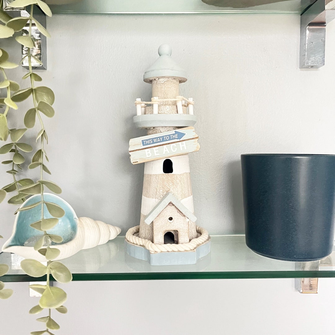 Blue and White Washed Wooden Lighthouse Nautical Wooden Light House ...
