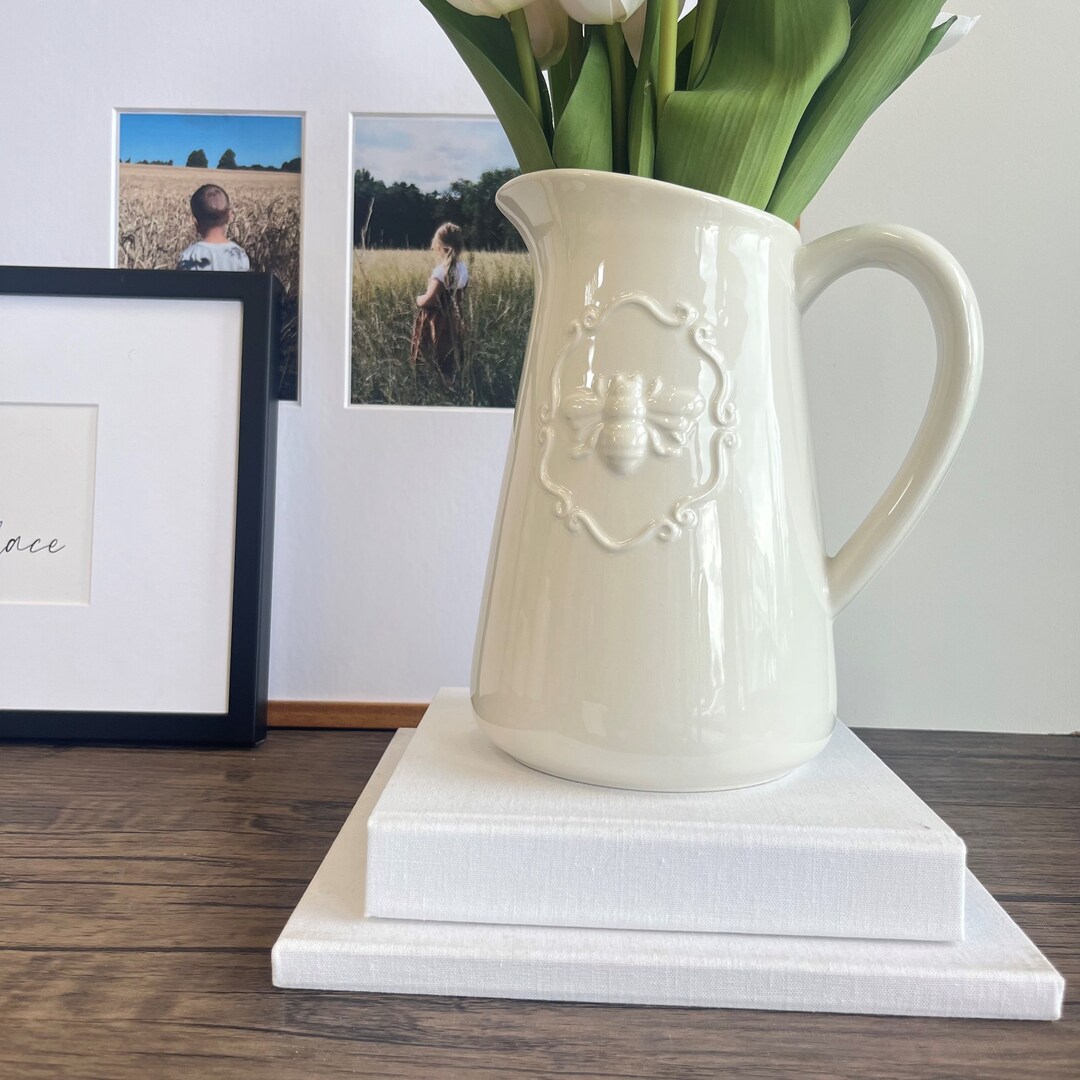 White Jug Vase With Bee Detail Jug Shaped Vase Ceramic Etsy UK