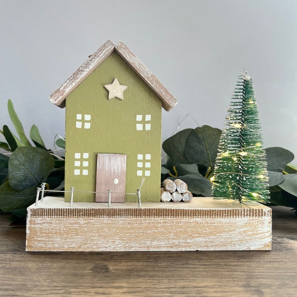 Wooden Festive Christmas House With Light up Tree - Christmas Decoration / Ornament - Nordic Home Style Decor - Winter scene With LED Tree
