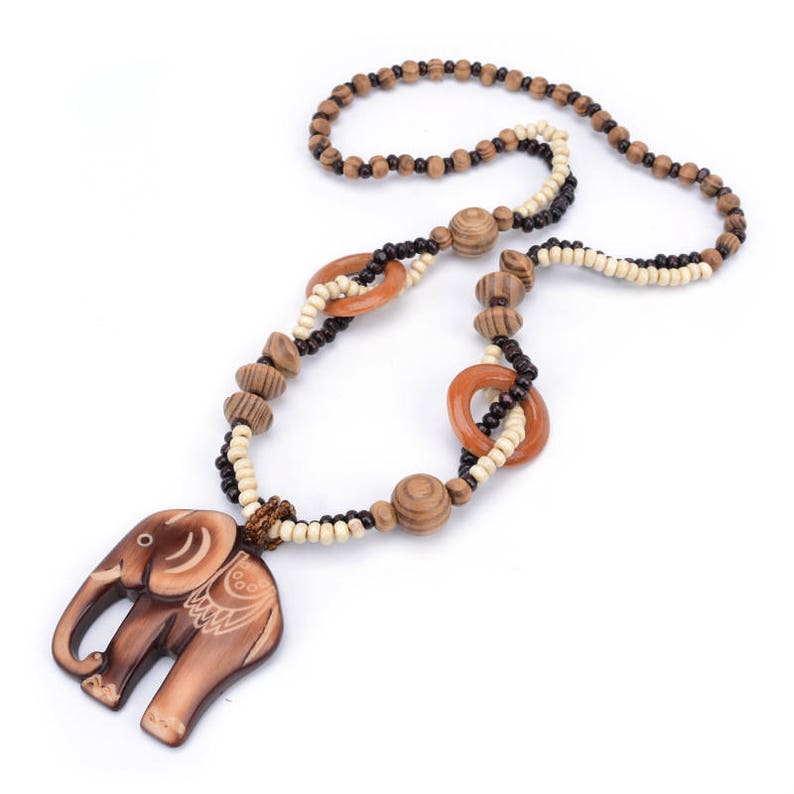 Wood Carved Elephant Necklace Beach Jewelry Brown Wood Beaded Necklace Boho Necklace Birthday Gift Christmas Gift