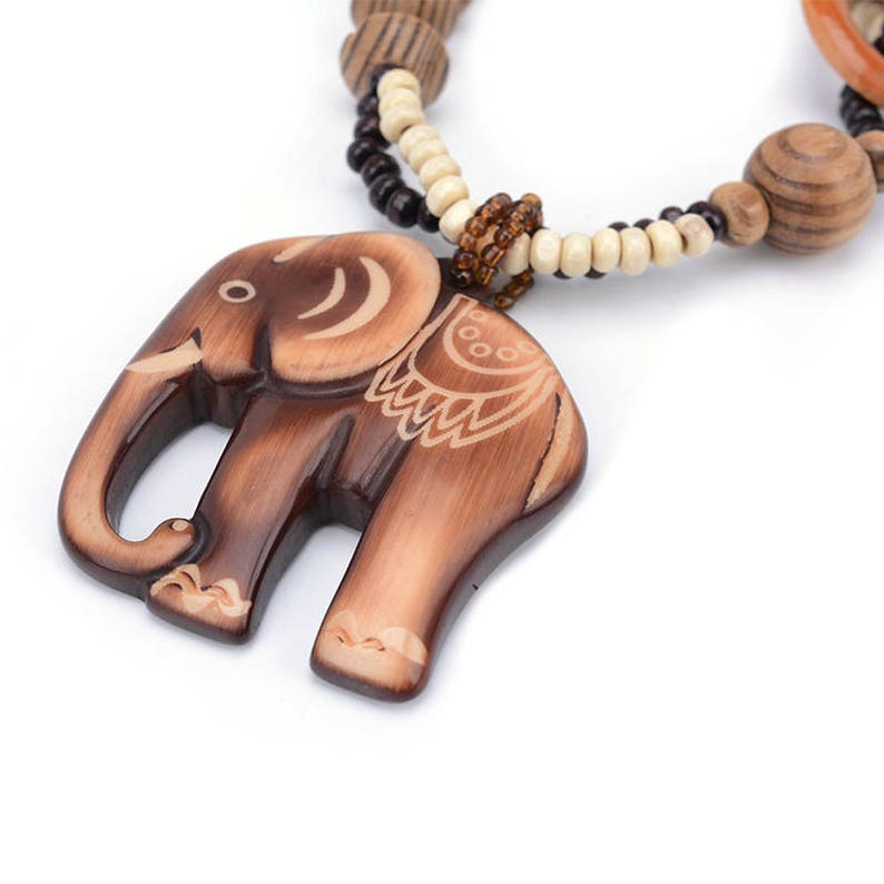 Wood Carved Elephant Necklace Beach Jewelry Brown Wood Beaded Necklace Boho Necklace Birthday Gift Christmas Gift