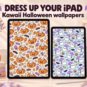 Puede incluir: Dos tabletas que muestran fondos de pantalla digitales de Halloween. La pantalla izquierda muestra fantasmas blancos en tazas de calabaza naranja con dulces. La derecha muestra fantasmas blancos con paraguas morados y murciélagos.