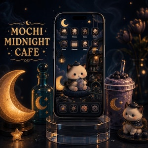 Puede incluir: Un smartphone con un tema Mochi Midnight Cafe e ilustración de gato, texto dorado a la izquierda, una lámpara de luna creciente, una botella de vidrio azul y un vaso morado con una pequeña figura de gato a la derecha.