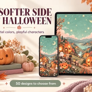Puede incluir: Una tableta y un teléfono inteligente muestran una ilustración digital de un paisaje de Halloween con casas de calabaza, fantasmas y gatos negros bajo un cielo estrellado. El texto dice A SOFTER SIDE OF HALLOWEEN, Pastel colors, playful characters, 50 designs to choose from.