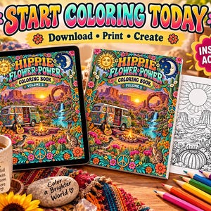 Puede incluir: Una tableta digital y una página impresa que muestra la portada del libro para colorear Hippie Flower Power Volumen 5, con un paisaje desértico colorido con una furgoneta, fogata y cactus. Incluye lápices de colores, una taza y una piedra.