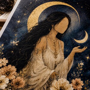 Puede incluir: Una lámina de arte rectangular que muestra una figura sin rostro con cabello largo y oscuro que viste un vestido fluido de color crema. El fondo es un cielo nocturno azul marino profundo con una gran luna creciente dorada, estrellas y flores claras.