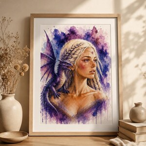 Violet Dragon Queen Watercolor Art Print – Fantasy Woman Digital Download | Printable Wall Art | Original Watercolor Illustration