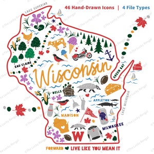 WISCONSIN Clipart Vectors, Icons, Doodles & Illustrations Bundle (46 Hand-Drawn Icons) - INSTANT DOWNLOAD