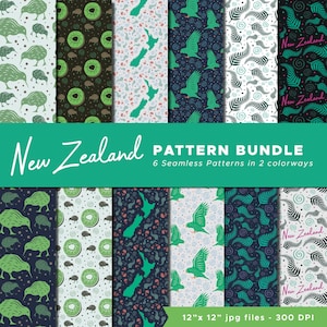New Zealand Digital Paper Icons Seamless Patterns Collage Craft - INSTANT DOWNLOAD
