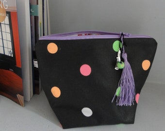 Trousse de Toilette noire - Trousse de Maquillage noire - Pochette maquillage tissu noire / Petits pois