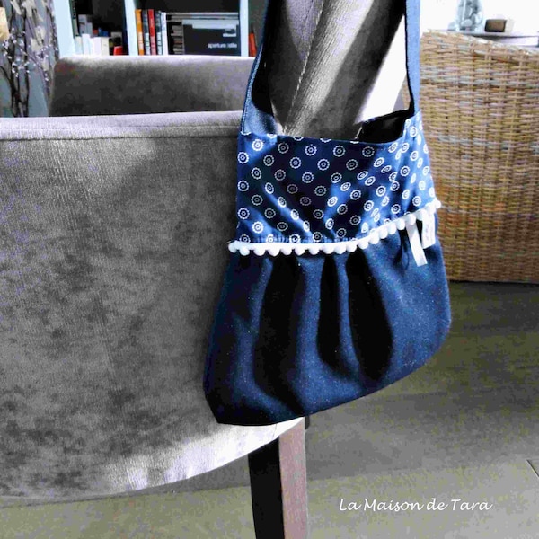 Sac enfant en Jean - Sac fille en tissu denim / Imprimé cercles Bleu