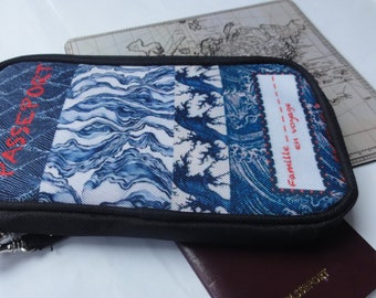 Pochette Passeport Famille Billets d'avion - Portefeuille de voyage plusieurs passeports / imprimé japonais Bleu