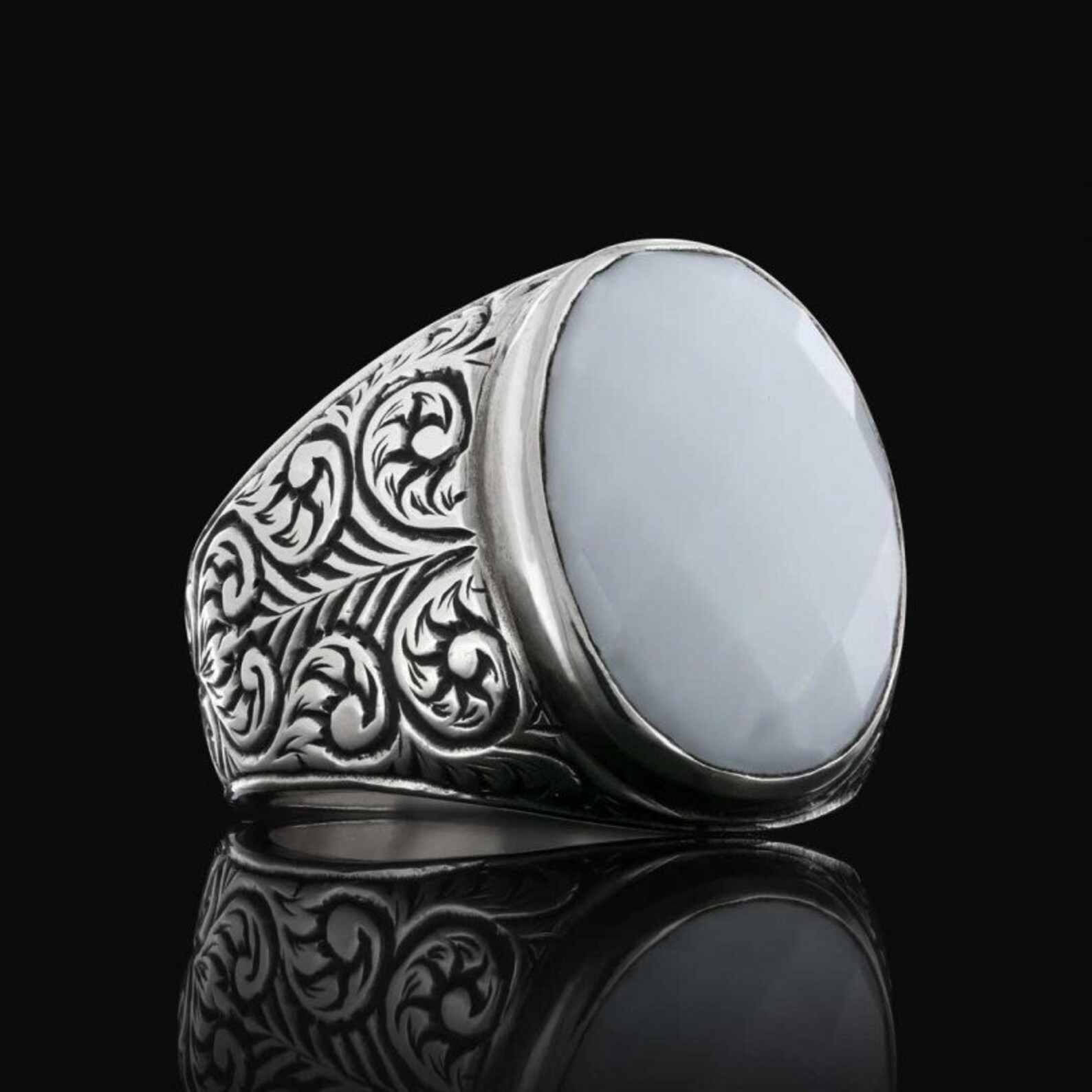 Sterling Silver Pearl Ring Men Handmade Natural Stone Ring Etsy