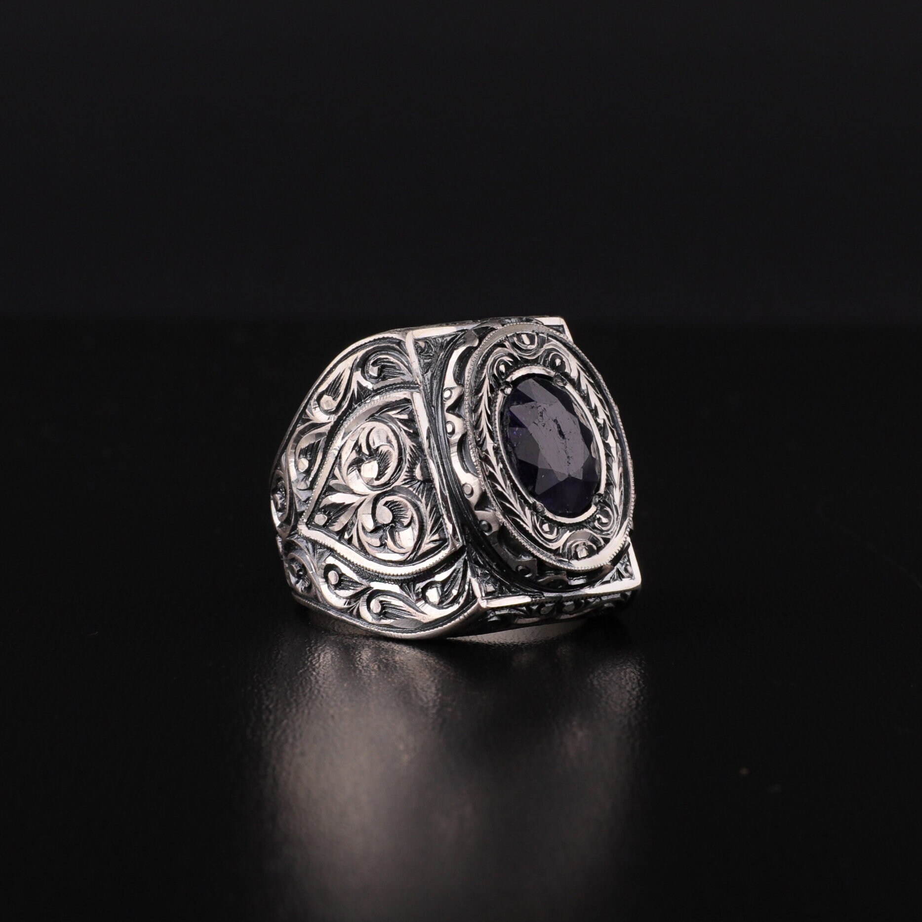 Engraved Blue Topaz Ring Men Handmade Gemstone RingElegant | Etsy