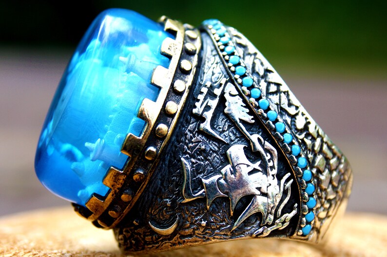 Handmade Engraved Gemstone Ring Men Unique Multistone Ring Etsy