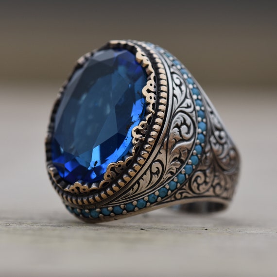 Handmade Blue Zircon Ring Men Blue Sterling Silver Ring - Etsy