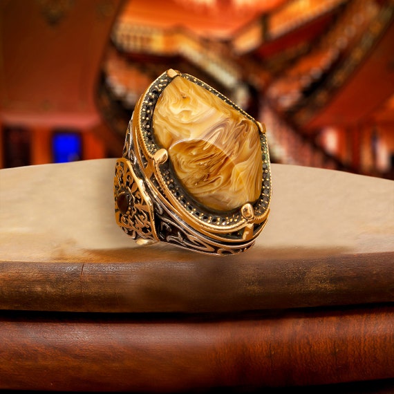 Mens Amber Ring Sterling Silver Large Amber Ring Yellow Etsy