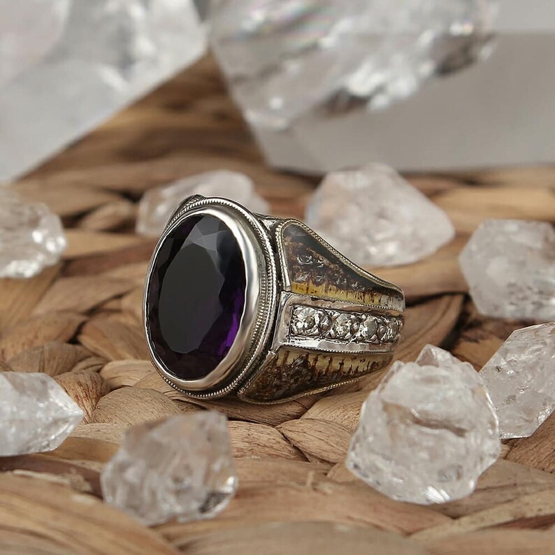 Engraved Amethtys Ring Men Handmade Amethyst Gemstone Ring Etsy