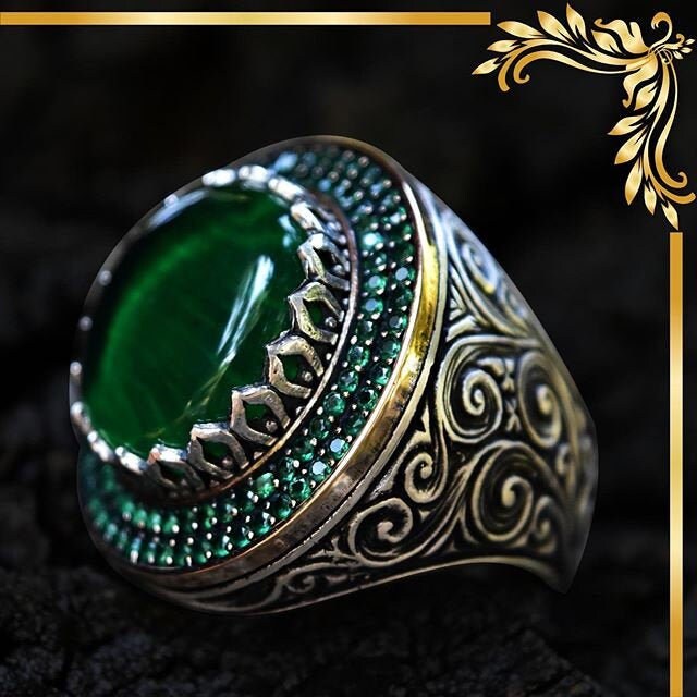 Green Amber Silver Ring Men Handmade Engraved Gemstone Ring | Etsy