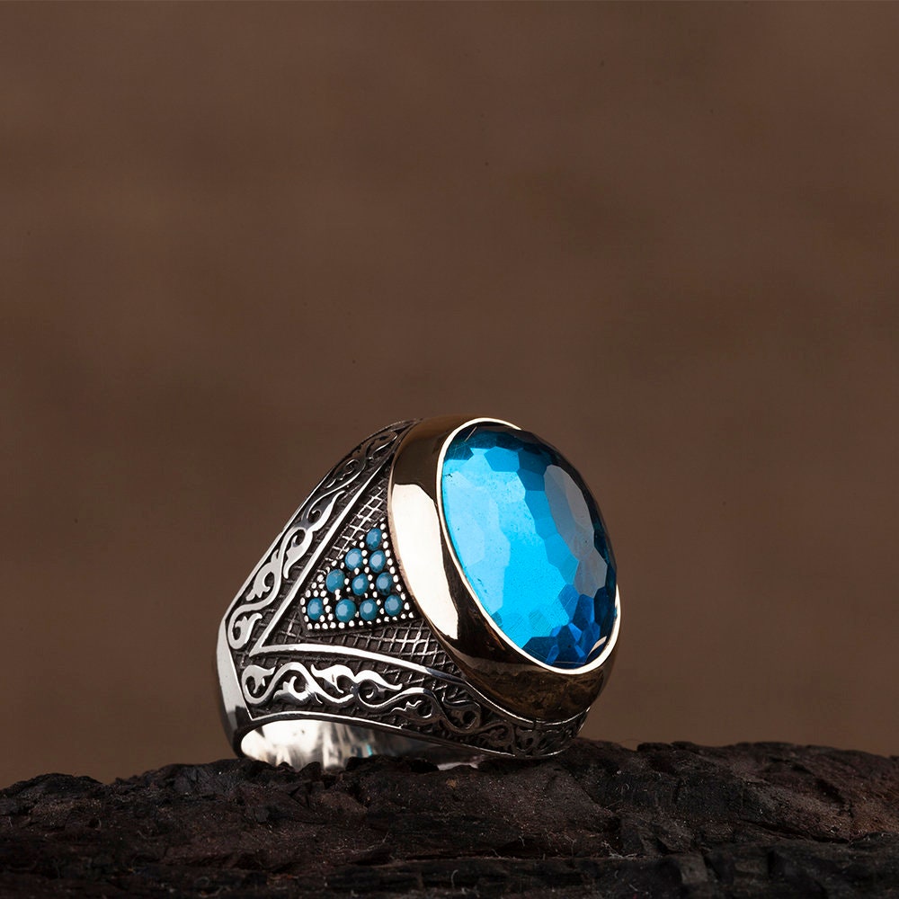 Mens Blue Ring 925 Sterling Silver Zircon Ring Handmade Ring Etsy